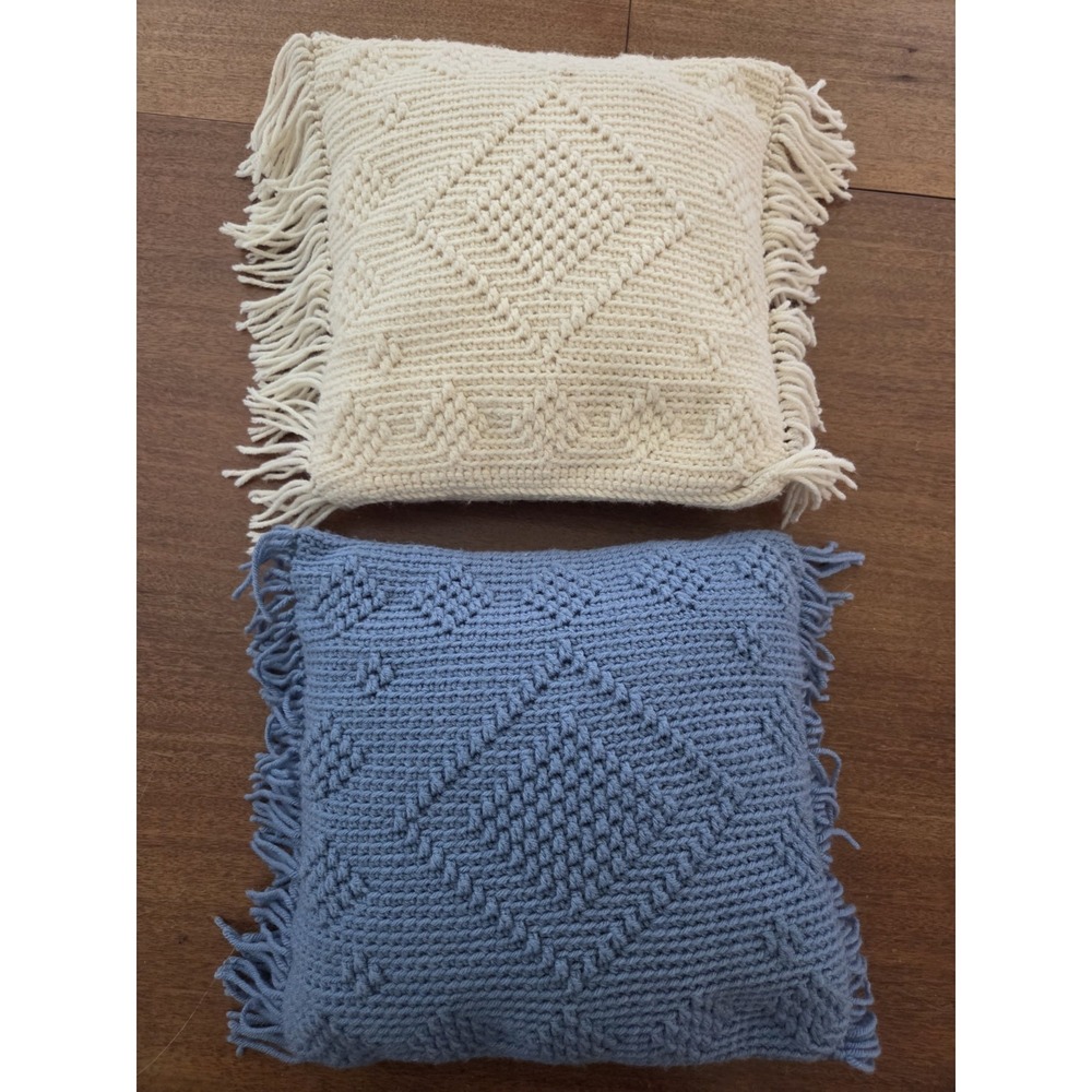 Pair Of Crochet Throw Pillows Blue And Off White Cream Diamond Afghan‎ Style